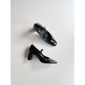 ZARA Black Faux Patent Leather Square Toe Block Heel Mary Jane Pumps, Size 37
